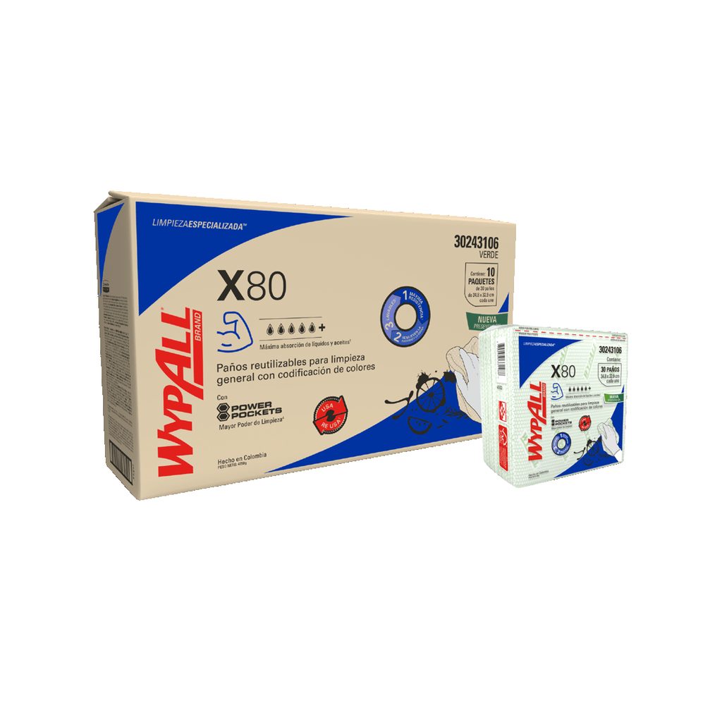 [152040090] WYPALL X-80 PLUS PRE-DOBLADO VERDE X 30 PAÑOS (35.5CM X 33.5CM) REF: 30218902/30228281 / 30243106